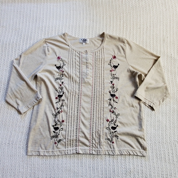 VTG C&K Women's Large Shirt Top Floral Bird Embroidered Long Sleeve Oatm… - Picture 1 of 8